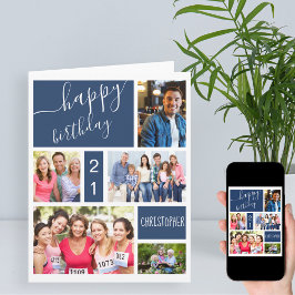 Valfri ålder 5 Photo Collage Blue Personlig Birth Kort