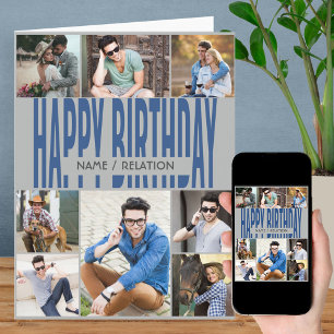 Valfri ålder 8 Photo Collage Blue Grått Birthday C Kort