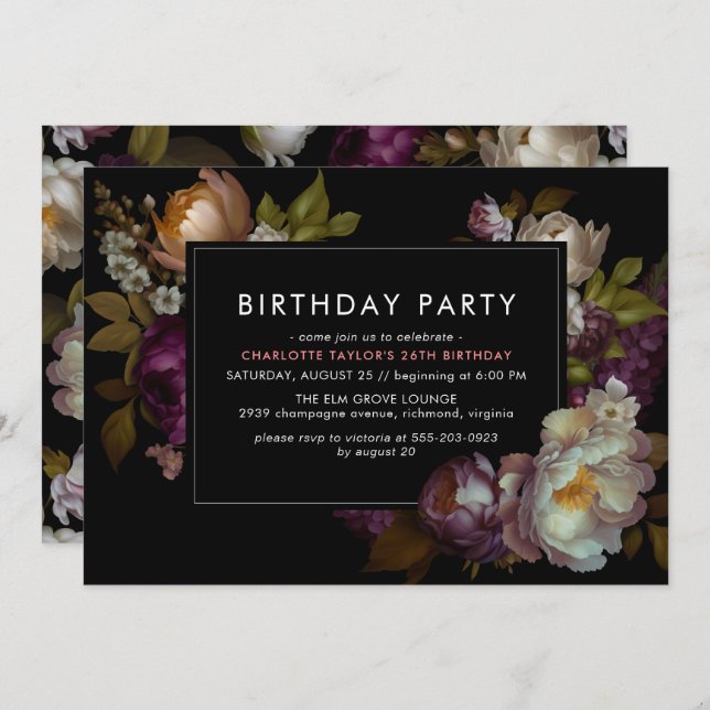 Valfri ålder | Modern svart Blommigt av Moody Mörk Inbjudningar (Fram/baksida)