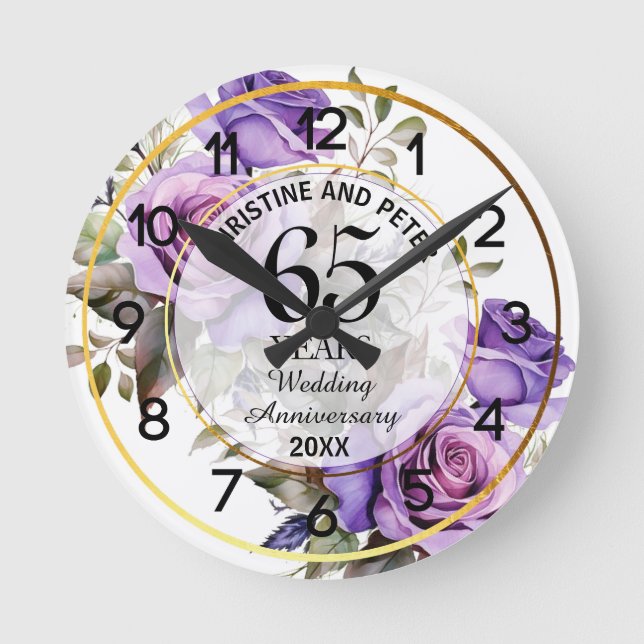 Valfri bröllops guld ram lila rosor årsdag  rund klocka (Framsida)