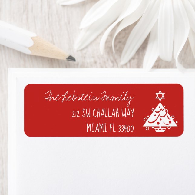 Valfri Färg-jul + Hanukkah Träd + Kalk | Röd Returadress Etikett (Insitu)