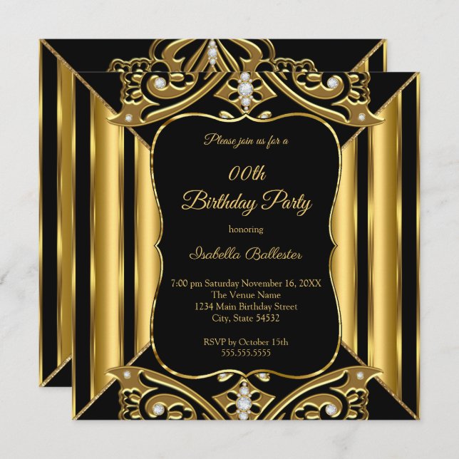 Valfri Födelsedagsfest Svart Guld Diamant 2 Inbjudningar (Fram/baksida)