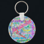 Valfri Namn Collage Girly Keychain med blommor Nyckelring<br><div class="desc">De här nyckelkedjorna för roligt har en färgstark personlig med nybörjare namn i flera olika typsnitt och färg. Namn visas över en blå bakgrund med blommor med flera färgader. Underbar gåva eller tjänst för en flickas födelsedagsfest,  eller när du vill ha en nyckelkedja för roligt med en gigantisk design.</div>