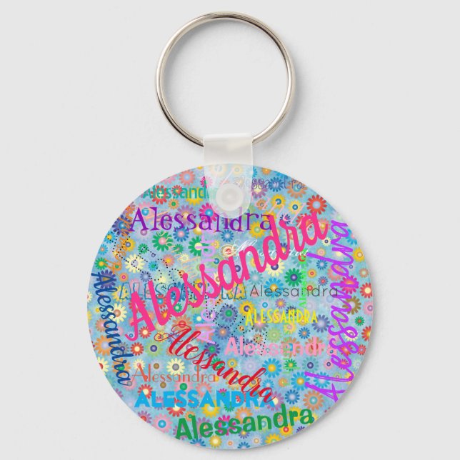Valfri Namn Collage Girly Keychain med blommor Nyckelring (Framsida)