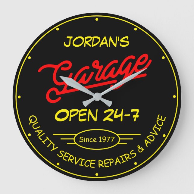 Valfri Namn-garagedatum Gult Red Retro Black Stor Klocka (Framsida)