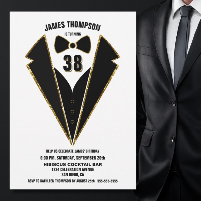 Valfri svart Guld Tuxedo-Födelsedagsfest Inbjudningar (Skapare uppladdad)