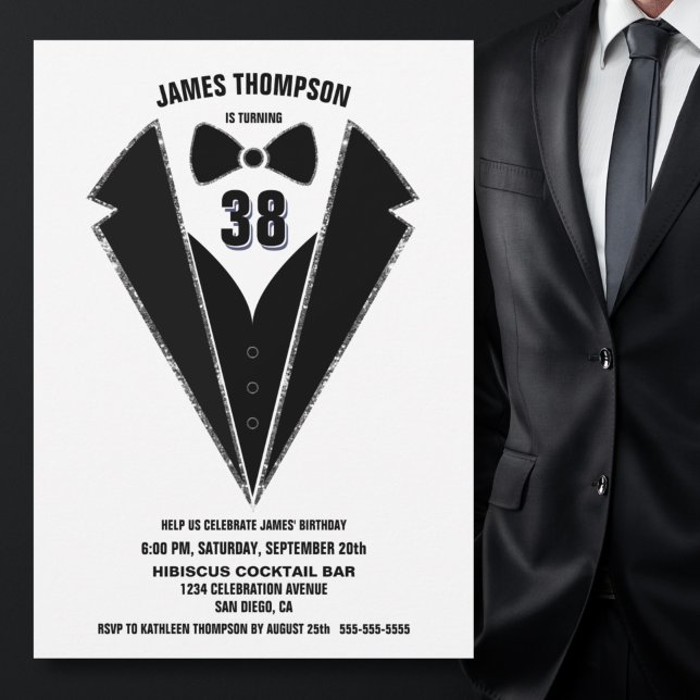 Valfri svart Silver Tuxedo-Födelsedagsfest Inbjudningar (Skapare uppladdad)