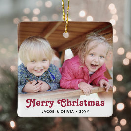 Valfri text 2 fotoröd retrografi enkel julgransprydnad keramik