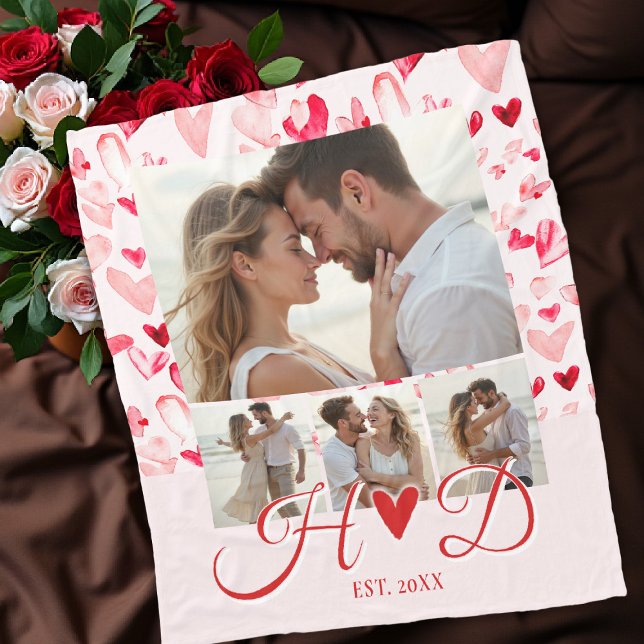 Valfria hjärtans dag-monogram-fotocollage  fleecefilt (valentine love photo collage hearts blanket bridal birthday anniversary boyfriend girlfriend gift)