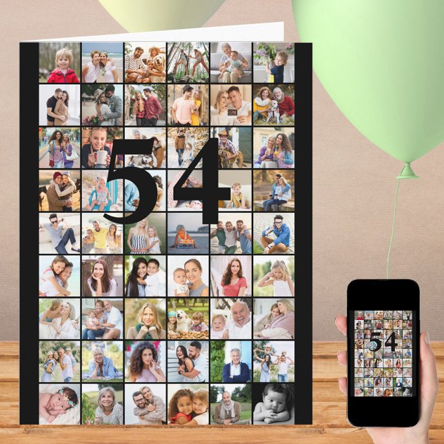 Valfritt 54-årigt fotokollage Big Birthday-kort Kort (Photo Collage of 54 pictures and option to print any age on the front)