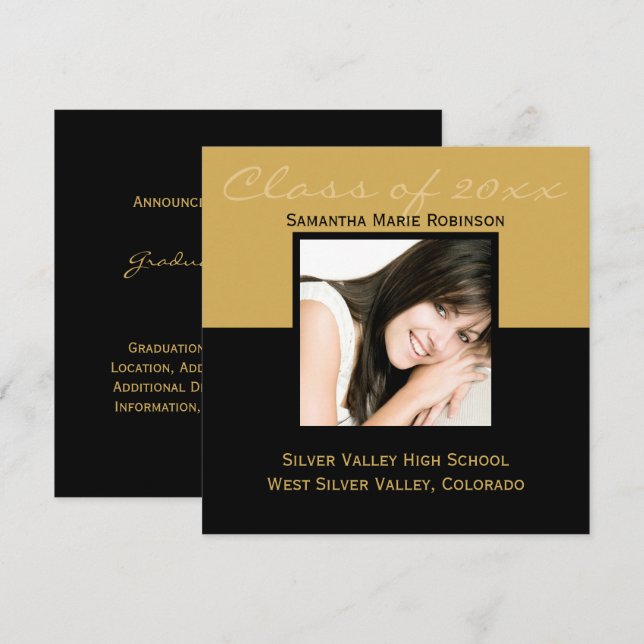 Valfritt år~ Guld/svart, modern kvadrat Studenten Inbjudningar (Fram/baksida)