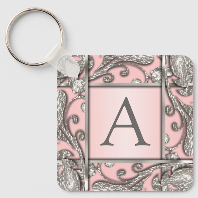 Valfritt Färg Silver Lattice Monogram Nyckelring (Framsida)