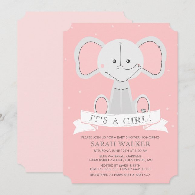 Välfyllda elefantrosor är det en flicka! Baby Inbjudningar (Fram/baksida)