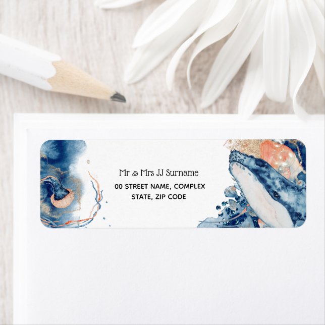 Vålgeléfisk, havslevande varelser blåa orangen returadress etikett (Insitu)