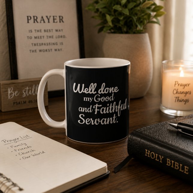 'Välgjort' Tro Matteus 25:23 Morgonandakt  Kaffemugg (Skapare uppladdad)