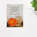 Välgörenhetsförmån för Orange Daisy Woodland Bröll Visitkort<br><div class="desc">Ha lite vänlighet i bröllop och ge tillbaka på din stora dag när du ordnar ett välgörenhetsförmånskort i bröllop på gästernas ställe-mottagning i giftermål. Den charmerande Rustic Orange Daisy Woodland Bröllop Charity Favor Card stater som i stället för en traditionell partiförmån eller gåva har donerats i namn till välgörenhet. Anpassa...</div>