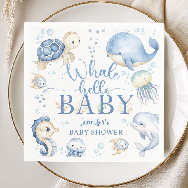 Valhaj Hej Baby Shower Pojke Blå Ocean Papper Pappersservett (Skapare uppladdad)