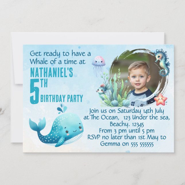 Valhajsinbjudan för 5-årsfest med ett foto inbjudningar (Framsida)