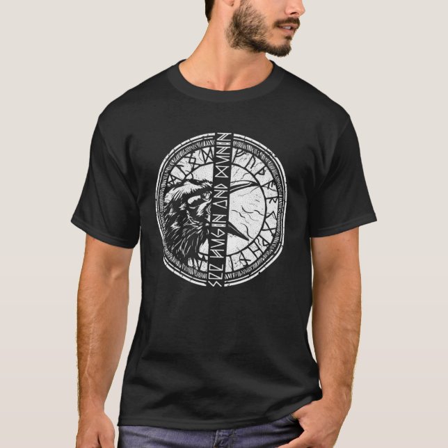 Valhalla Raven Ravens Odin s Runes Norse Compass V T Shirt (Framsida)