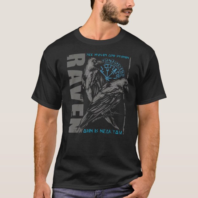 Valhalla Raven Ravens Odins Runes Norse Compass V T Shirt (Framsida)