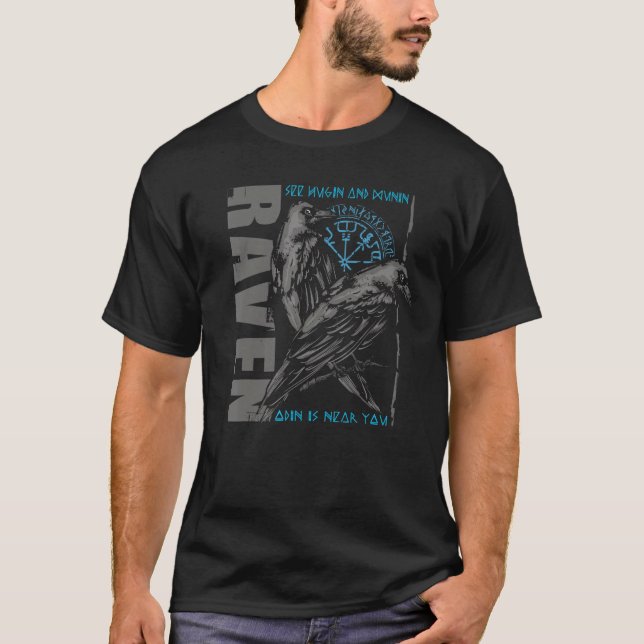 Valhalla Raven Ravens Odins Runes Norse Compass V T Shirt (Framsida)