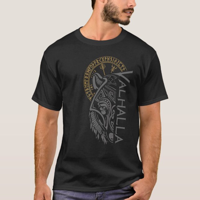 Valhalla Varg Mask Odin Runes Norse Compass Viking T Shirt (Framsida)