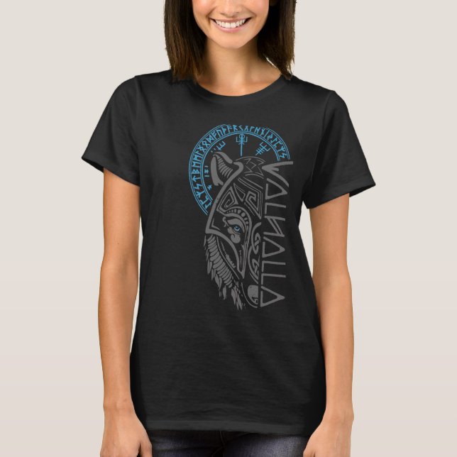 Valhalla Varg Mask Odin Runes Norse Compass Viking T Shirt (Framsida)