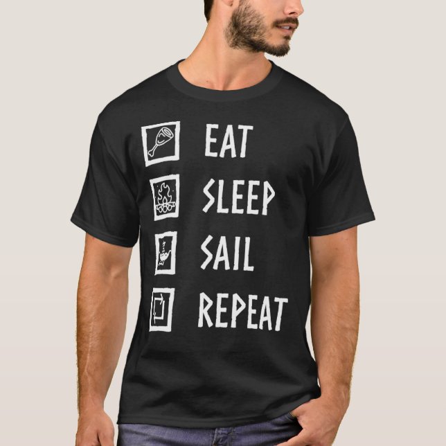 Valheim Eat, Sov, Sail, Repeat (Vita teckensnittsk T Shirt (Framsida)