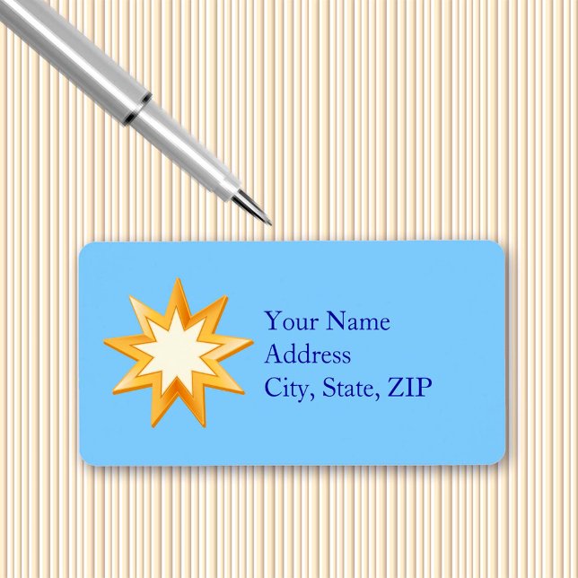 Välj bakgrundssymbol för Färg Baha'i Adressetikett (Choose Your Background Color 2.375" Label. Gold nine pointed star, symbol of the Baha’i faith.)