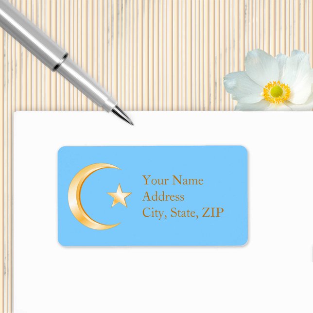 Välj din bakgrundssymbol för Färg Islam Guld Adressetikett (Crescent moon and star, symbol of Islam. Customize with your text. )
