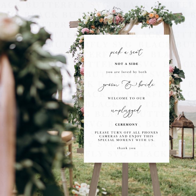 Välj en plats, inte en sida Opluggad Bröllopscerem Poster (pick a seat Wedding Unplugged Ceremony Sign)