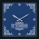 Välj Färg Art Deco Retro Geometric Gräns Fyrkantig Klocka<br><div class="desc">Skapa din egen coola retro monogram med den här Art Deco-inspirerade gräns-designen. Byt ut exempeltexten mot en egen personlig. Bakgrunden till färg är fullt anpassade så att du kan matcha den med din dekorator eller färg. Klicka bara på länken "Information" och sedan på länken "Klicka för att anpassa ytterligare". Markera...</div>