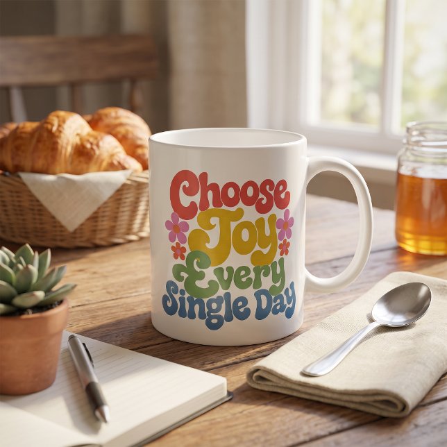 Välj Glädje Varje Dag Retro Regnbåge Kaffemugg (Choose Joy Every Single Day Retro Rainbow Coffee Mug)