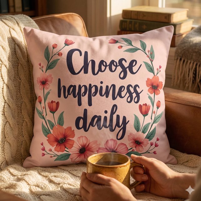 Välj lycka Daglig Blommigt Utandning Kudde (Choose Happiness Daily Floral Wreath Throw Pillow Mockup D)