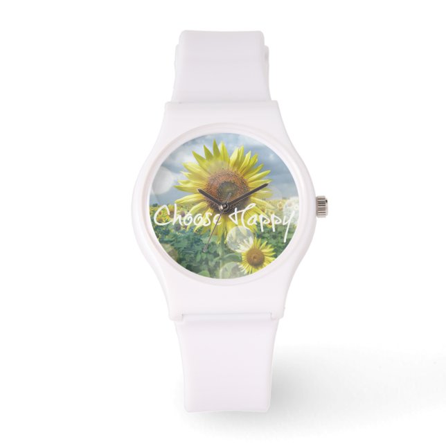 Välj Lycklig-citat med solblommor Armbandsur (Framsida)