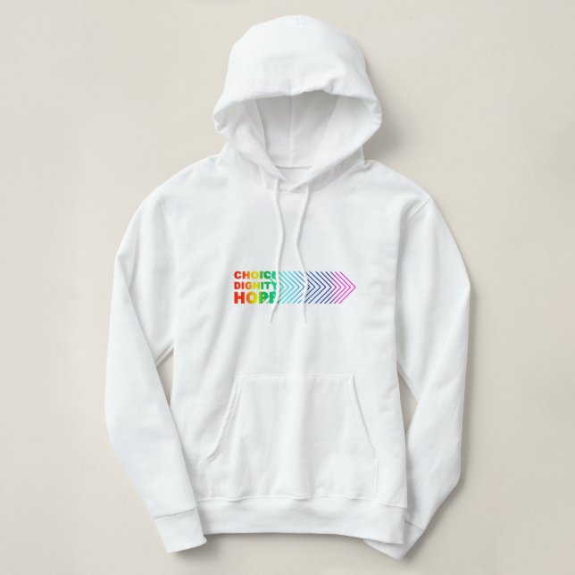 VÄLJ VÄRDIGHET HOPE WOMENS RAINBOW HOODIE T SHIRT (Design framsida)