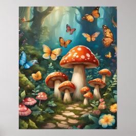 Väljd skog Magic Mushroom Butterflies blomma Poster