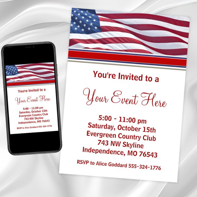 Valkampanjfestinbjudningar Inbjudningar (Patriotic USA flag any occasion invitation. Instant download and printed invitations available.)