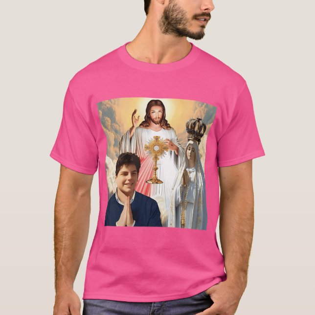 Välkänd Carlo Acutis Jesus och vår Dam av Ftima T Shirt (Framsida)