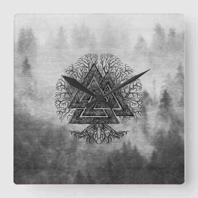 Valknut och livets träd Yggdrasil Fyrkantig Klocka (Framsida)