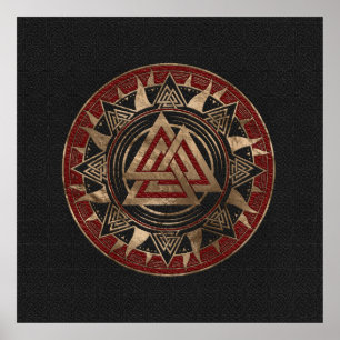 Valknut Symbol Black and Red Leather och guld Poster