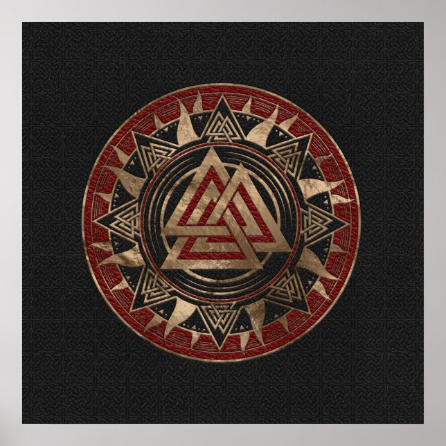 Valknut Symbol Black and Red Leather och guld Poster (Framsidan)