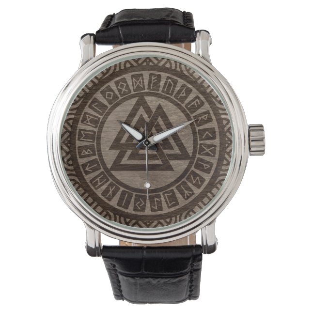 Valknut Symbol och löper på Celtic Mönster på Wood Armbandsur (Framsida)
