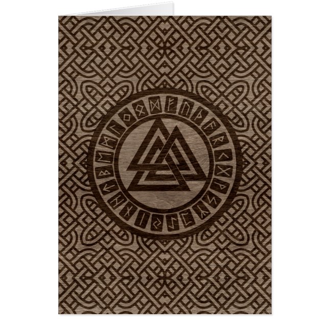 Valknut symbol och runor på Celtic mönster på trä Hälsningskort (Framsidan)