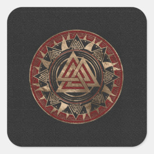 Valknut symbolsvart och rött läder och guld fyrkantigt klistermärke