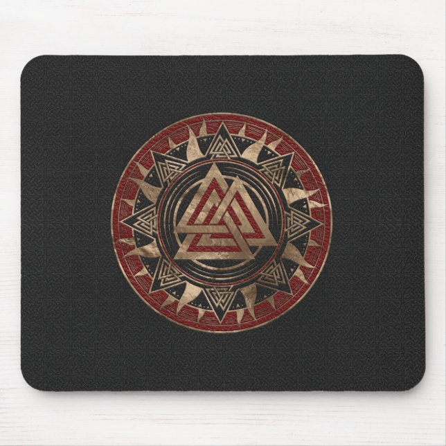 Valknut symbolsvart och rött läder och guld musmatta (Framsidan)