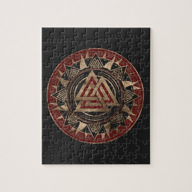 Valknut symbolsvart och rött läder och guld pussel (Vertikal)