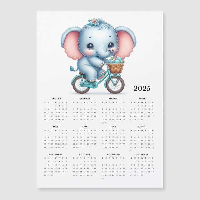 Välkomlig elefant på en Bike 2025 Magnet Calendar (Framsida)
