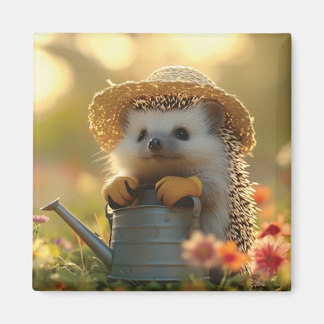 Välkomlig Hedgehog Gardener i Flower Fält Magnet (Framsidan)