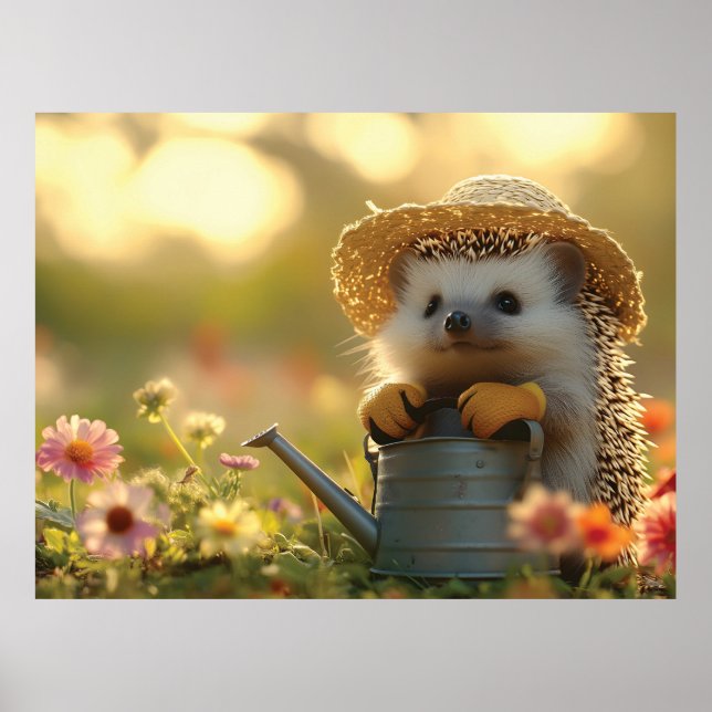 Välkomlig Hedgehog Gardener i Flower Fält Poster (Framsidan)